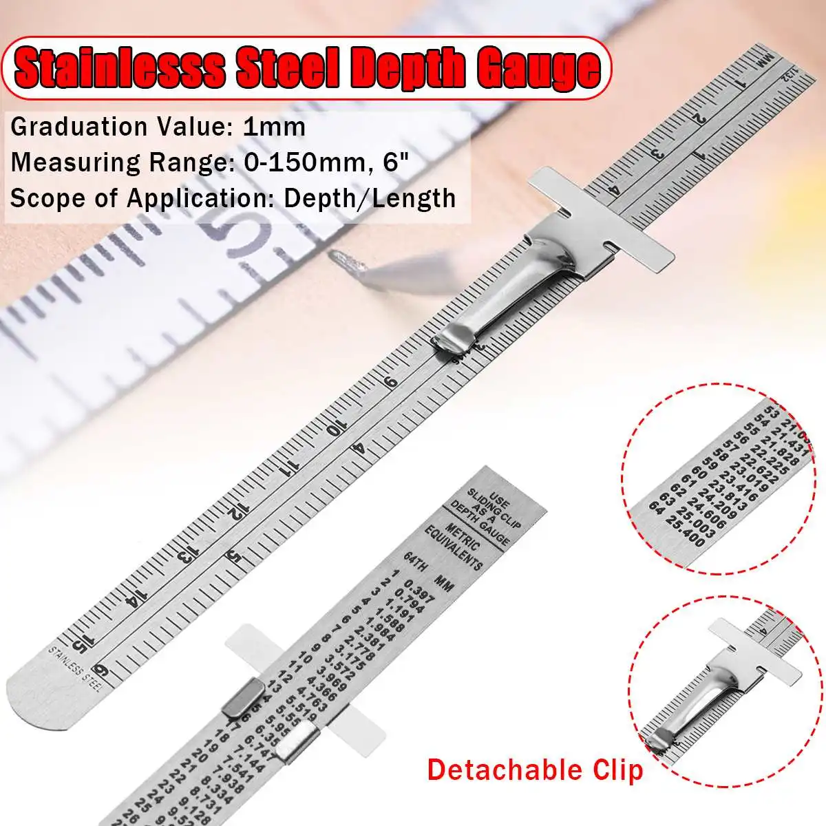 6" 0-150mm Stainless Steel Standard Rule Scale Depth Length Gauge Marking Measuring Tool With Detachable Clip Easy to Use/Carry
6" 0-150mm Stainless Steel Standard Rule Scale Depth Length Gauge Marking Measuring Tool With Detachable Clip Easy to Use/Carry