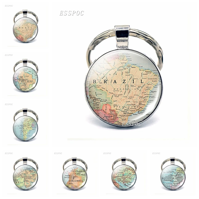 

South America Countries Map Glass Pendant Keychain Brazil Argentina Bolivia Fashion Souvenir Keyring Jewelry Gifts For Women Men