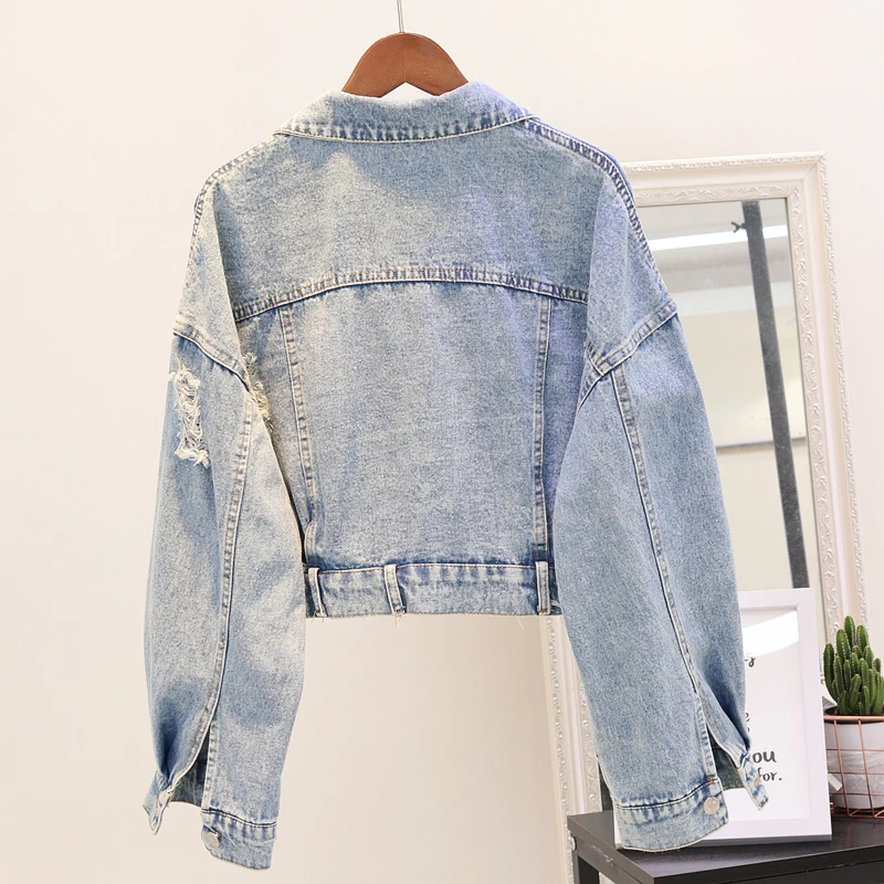 Hole Jean Jacket Women Spring Short Sequin Denim Jacket Splice Autumn Female Jacket spring jackets for women Female