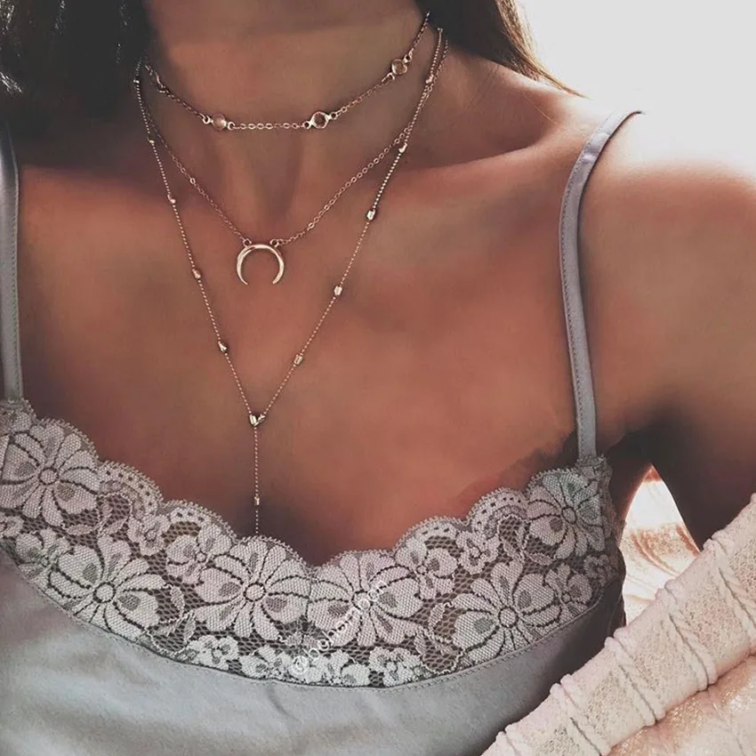 Женская многослойная цепочка с кулоном в виде Луны серебристого цвета|Колье| |