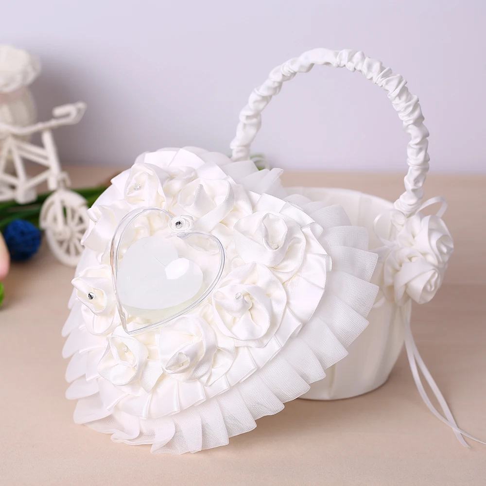 7 * 7 inches Dreamlike Satin Flower Girl Basket With White Heart Ring Bearer Pillow Wedding Decoration Supplies Set
7 * 7 inches Dreamlike Satin Flower Girl Basket With White Heart Ring Bearer Pillow Wedding Decoration Supplies Set