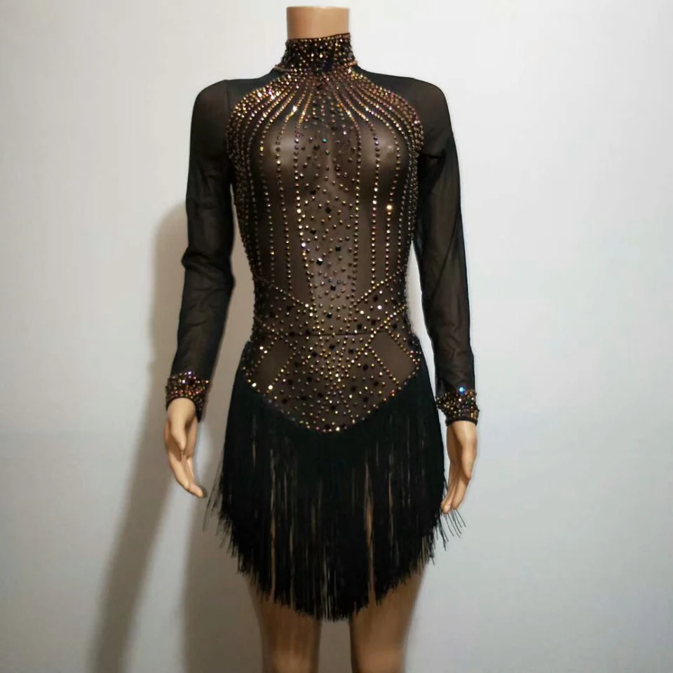 Golden Rhinestones balck Mesh Bodysuit Tassels See-through Stretch Bodysuits Sexy Nightclub Women DJ Singer Show Latin Costumes
Golden Rhinestones balck Mesh Bodysuit Tassels See-through Stretch Bodysuits Sexy Nightclub Women DJ Singer Show Latin Costumes