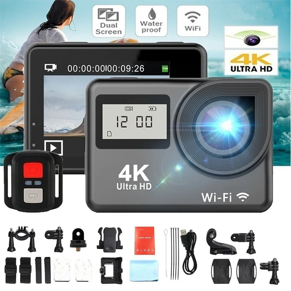 Экшн камера с сенсорным экраном 4K Wi Fi двойной экран Ultra HD 30 м водонепроницаемая