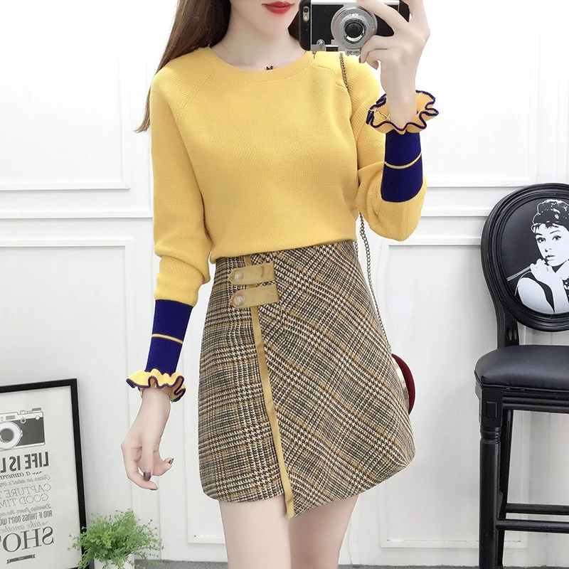 Winter 2021 New Fashion Suits Plaid Print Skirt Knit Irregular Grid Skirts Two-Piece Outfit Pullover Sweater Top Design Vestidos
Winter 2021 New Fashion Suits Plaid Print Skirt Knit Irregular Grid Skirts Two-Piece Outfit Pullover Sweater Top Design Vestidos