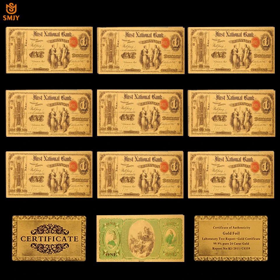 10Pcs/Lot NICE US 1875 Color Gold Banknotes 1 Dollar Banknote in 24k Gold 9999999 Fake Money For Collection
10Pcs/Lot NICE US 1875 Color Gold Banknotes 1 Dollar Banknote in 24k Gold 9999999 Fake Money For Collection