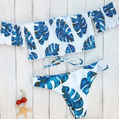 New Style Women Off Shoulder Bikini Set Floral Swimwear Push-Up Padded Swimsuit Bandage Bandeau Beachwear Low Waist Bathing Suit | Спорт и
