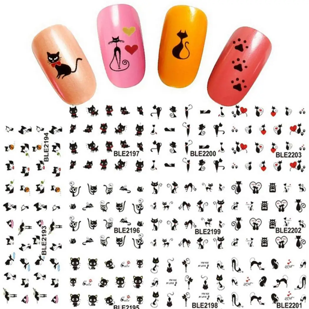 Черный милый кот дизайн передачи воды стикеры 3D на ногти Nail Art Наклейки все типы