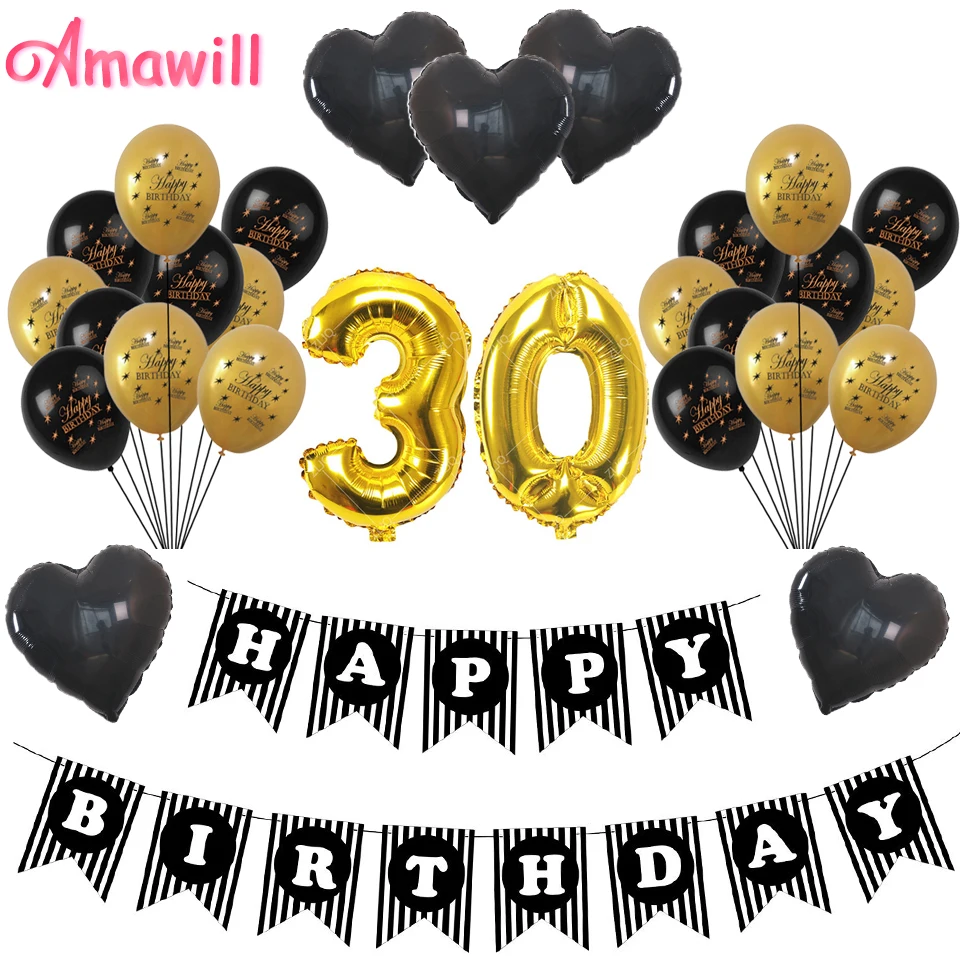Украшение для дня рождения Amawill взрослых 30 лет золотой с днем черное сердце