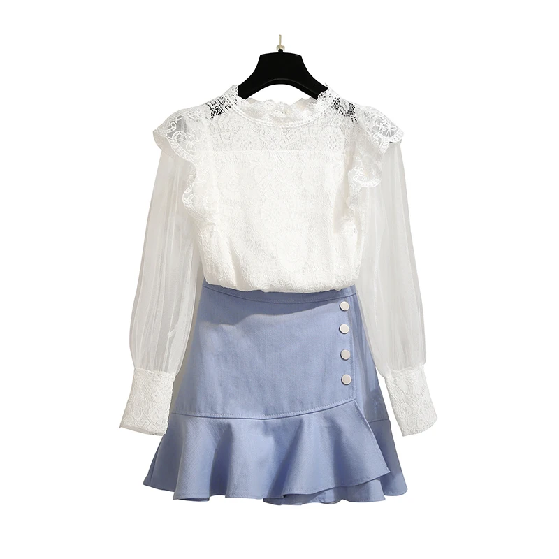 2019 spring lace white shirt top blouse net yarn splicing irregular skirts two-piece outfit women vestido blue black set clothin
2019 spring lace white shirt top blouse net yarn splicing irregular skirts two-piece outfit women vestido blue black set clothin