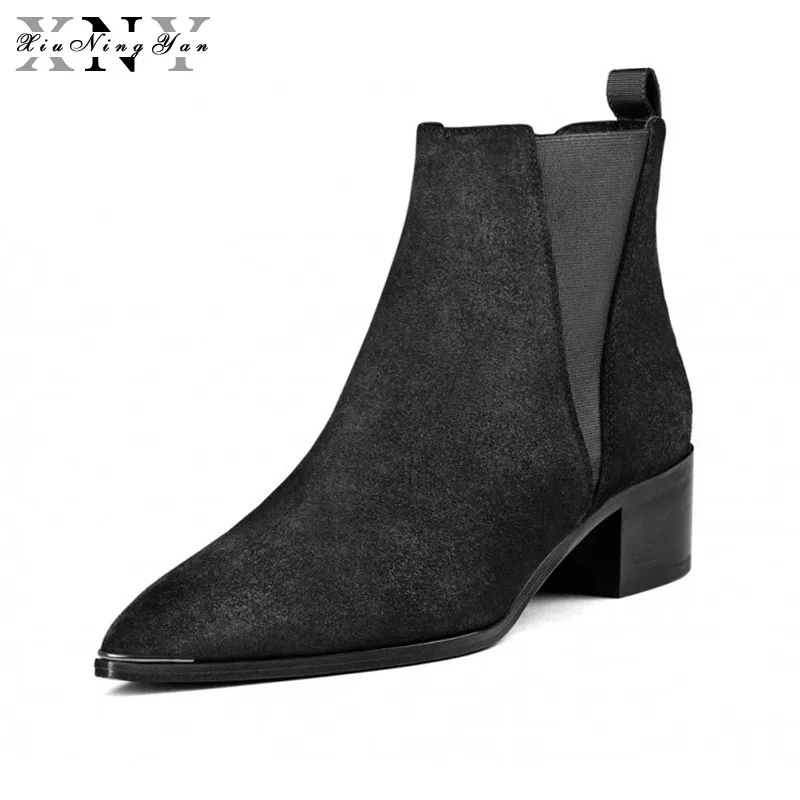 

XiuNingYan Genuine Leather Women Ankle Boots for Chelsea Boots Pointed Toe Winter Shoes Woman Bootie Botas Femininas Size 34-43