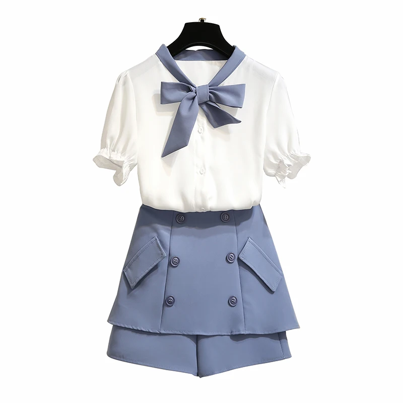 Korean fashion suits high waist shorts & bow chiffon blouse top outfit two-piece clothing set sweet lady bowknot shirt vestidos 
Korean fashion suits high waist shorts & bow chiffon blouse top outfit two-piece clothing set sweet lady bowknot shirt vestidos