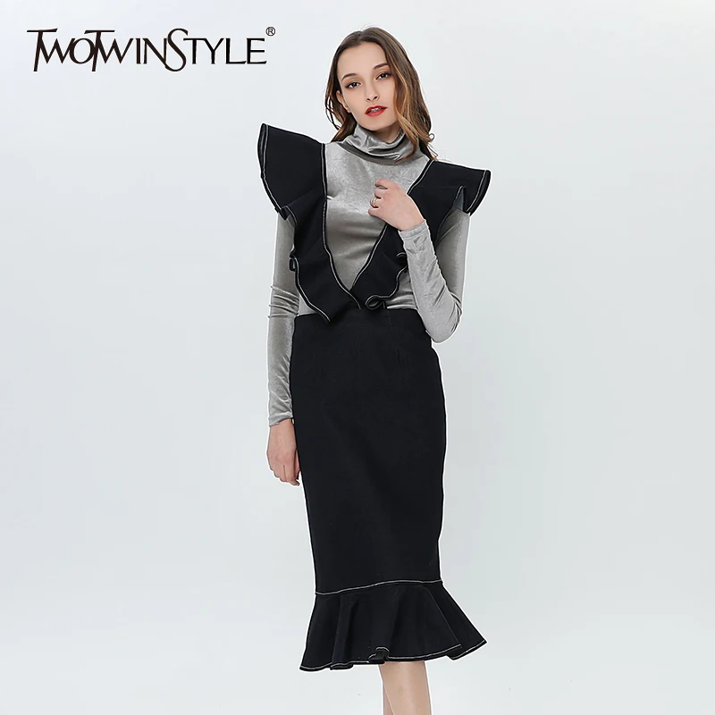 Женская джинсовая юбка-Русалка TWOTWINSTYLE, облегающая юбка средней длины с высокой талией и оборками на весну 2020
Женская джинсовая юбка-Русалка TWOTWINSTYLE, облегающая юбка средней длины с высокой талией и оборками на весну 2020