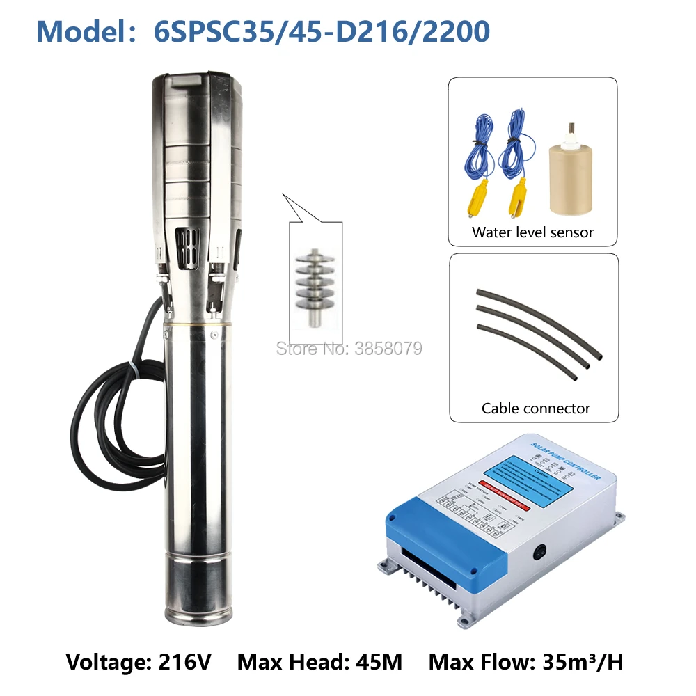 

AC 220V / DC 216V 2200w 6 inches Brushless centrifugal farm irrigation solar submersible water pump 6SPSC35/45-D216/2200