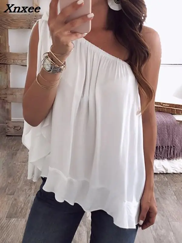 2018 Women Summer New Fashion Skew Collar Casual Shirt One Shoulder Tied Ruffles Hem Loose Blouse Xnxee
2018 Women Summer New Fashion Skew Collar Casual Shirt One Shoulder Tied Ruffles Hem Loose Blouse Xnxee