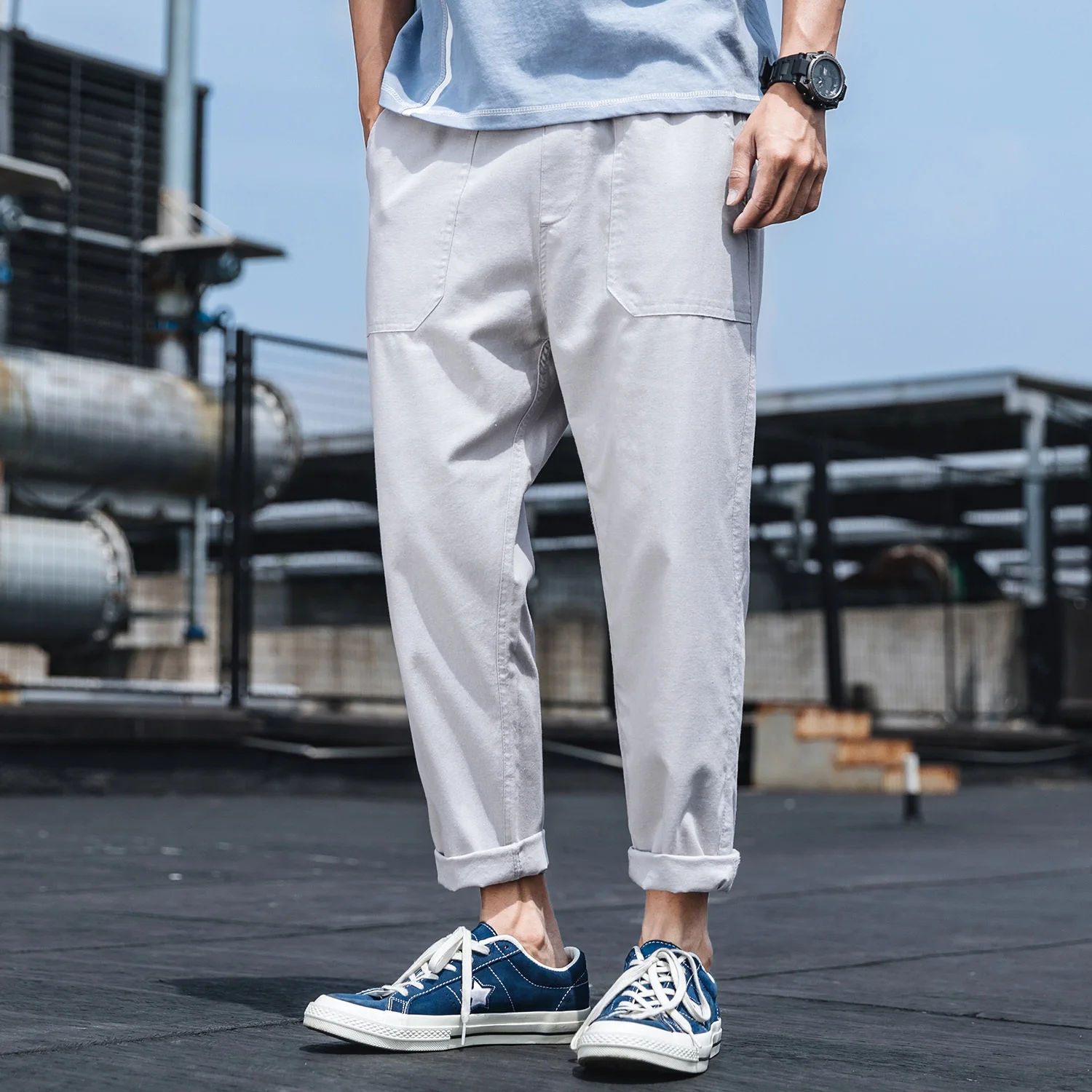 2019 Summer Men's Fashion Trend Haren Pants Youth Cotton Casual Wash Bound Feet Khaki/grey/black Trousers M-5XL | Мужская одежда