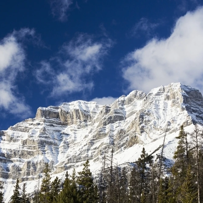 Заснеженный горный пик с вечнозеленые деревья голубое небо и облака Banff Альберта