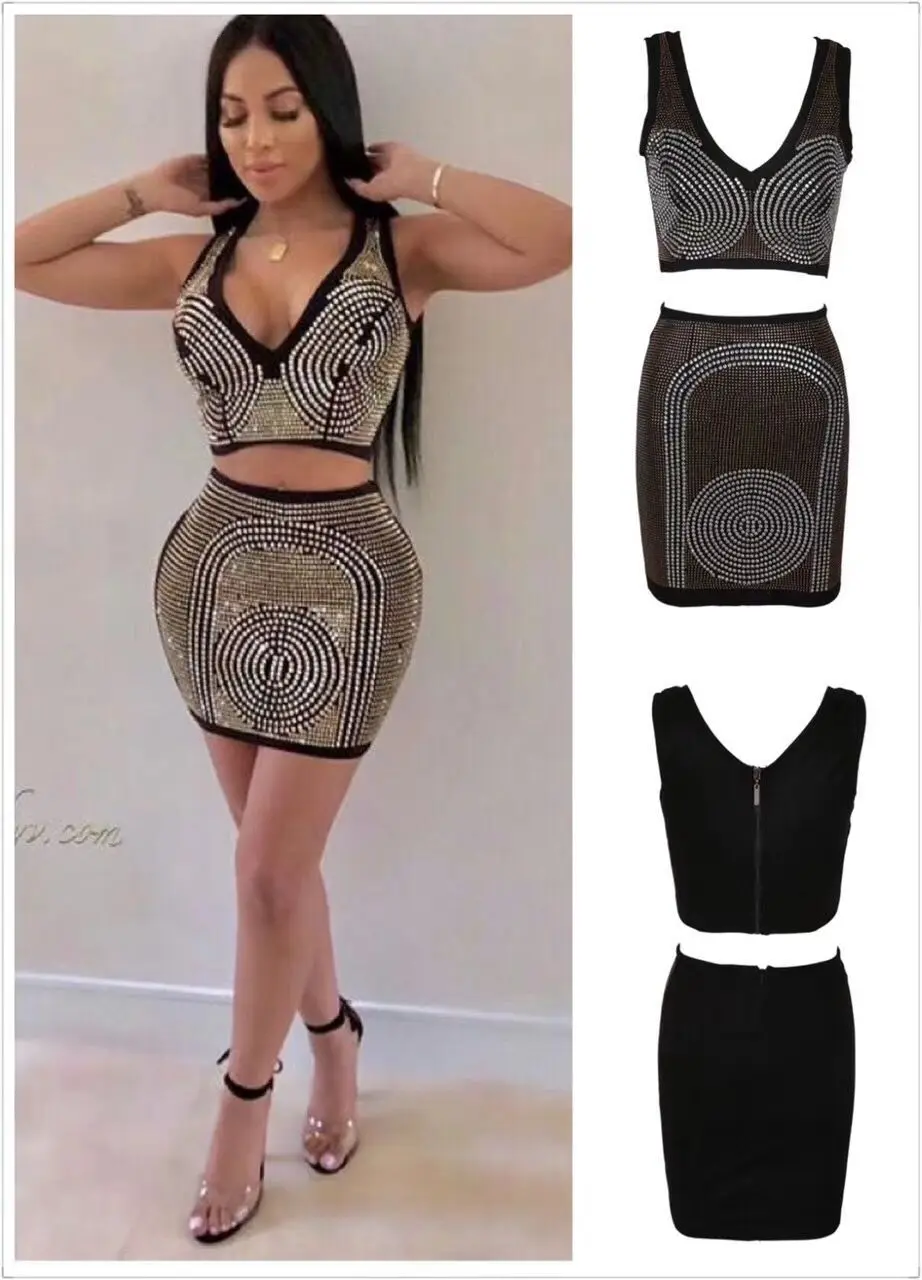 Top Quality Black 2 Pieces Set Beading Fashion Dress Club Party Bodycon Dress