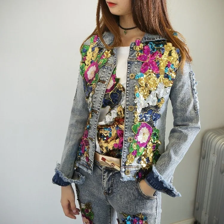 

Women Embroidery Rose Floral Beading Pearl Sequin Patch Epaulet Ripped Hole Bomber Autumn Winter Denim Jacket Jeans Suit