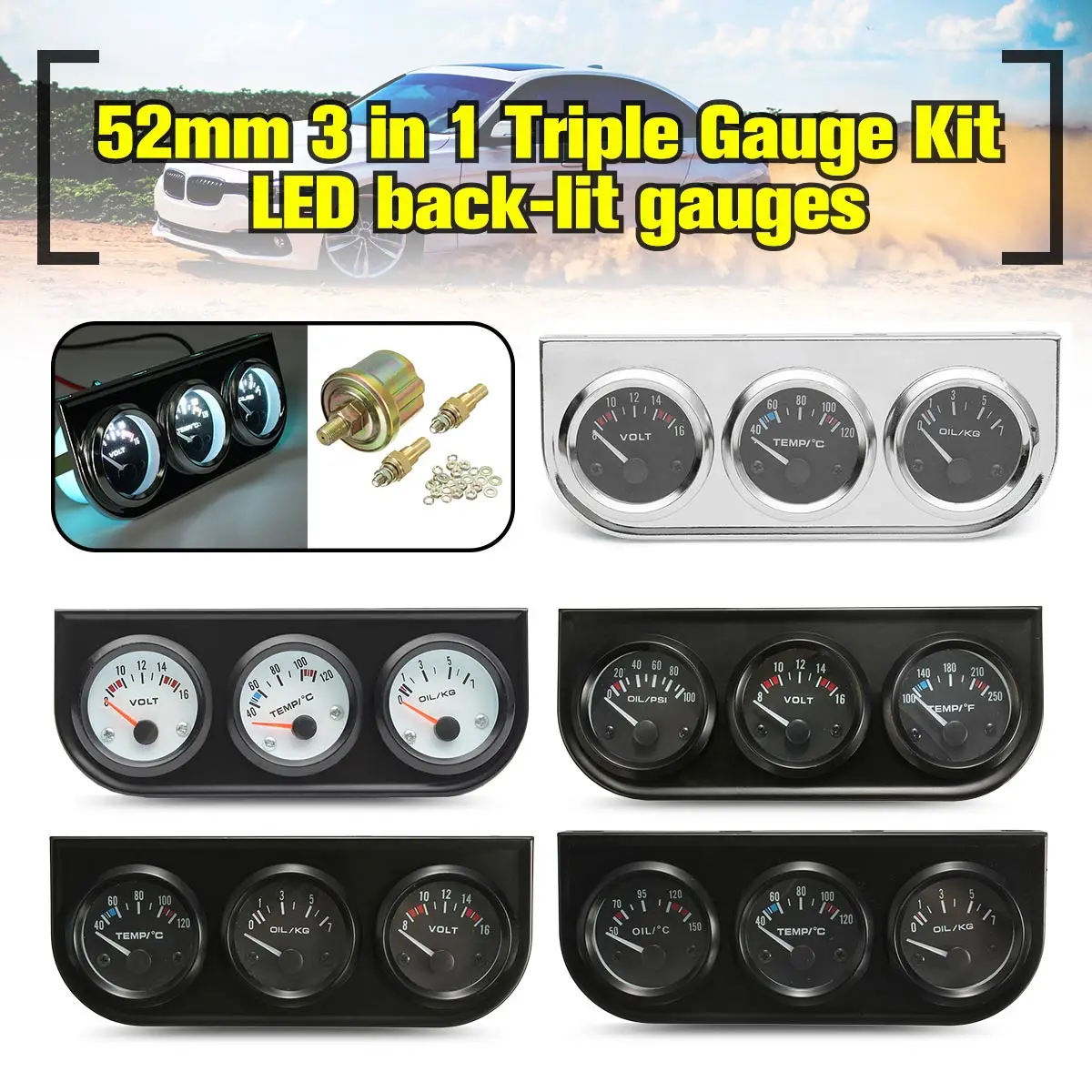 2/52mm 3 In 1 Voltmeter+Water Thermometer+Oil Pressure Electrical Gauge Kit Volt meter Or Oil Temperature Gauge triple gauge kit
2/52mm 3 In 1 Voltmeter+Water Thermometer+Oil Pressure Electrical Gauge Kit Volt meter Or Oil Temperature Gauge triple gauge kit