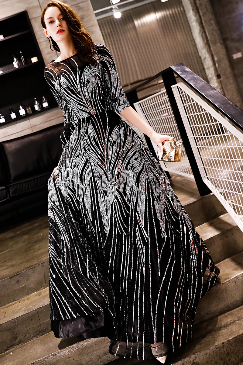 Женское блестящее платье SSYFashion элегантное черное с рукавом до локтя блестками
