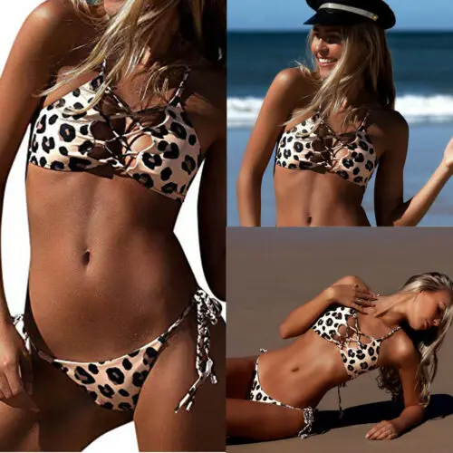 2019 Summer New Women Bikini Set Leopard Sexy Strap Bandage Push-up Padded Swimwear Swimsuit Bathing Suits | Спорт и развлечения