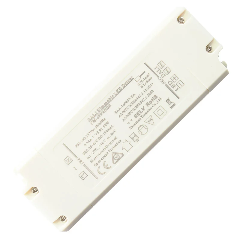 45-60W DALI Dimming led driver transformer EMC LVD SELV isolation design 1.5A 30-42Vdc constant current dimming range 1-100%
45-60W DALI Dimming led driver transformer EMC LVD SELV isolation design 1.5A 30-42Vdc constant current dimming range 1-100%