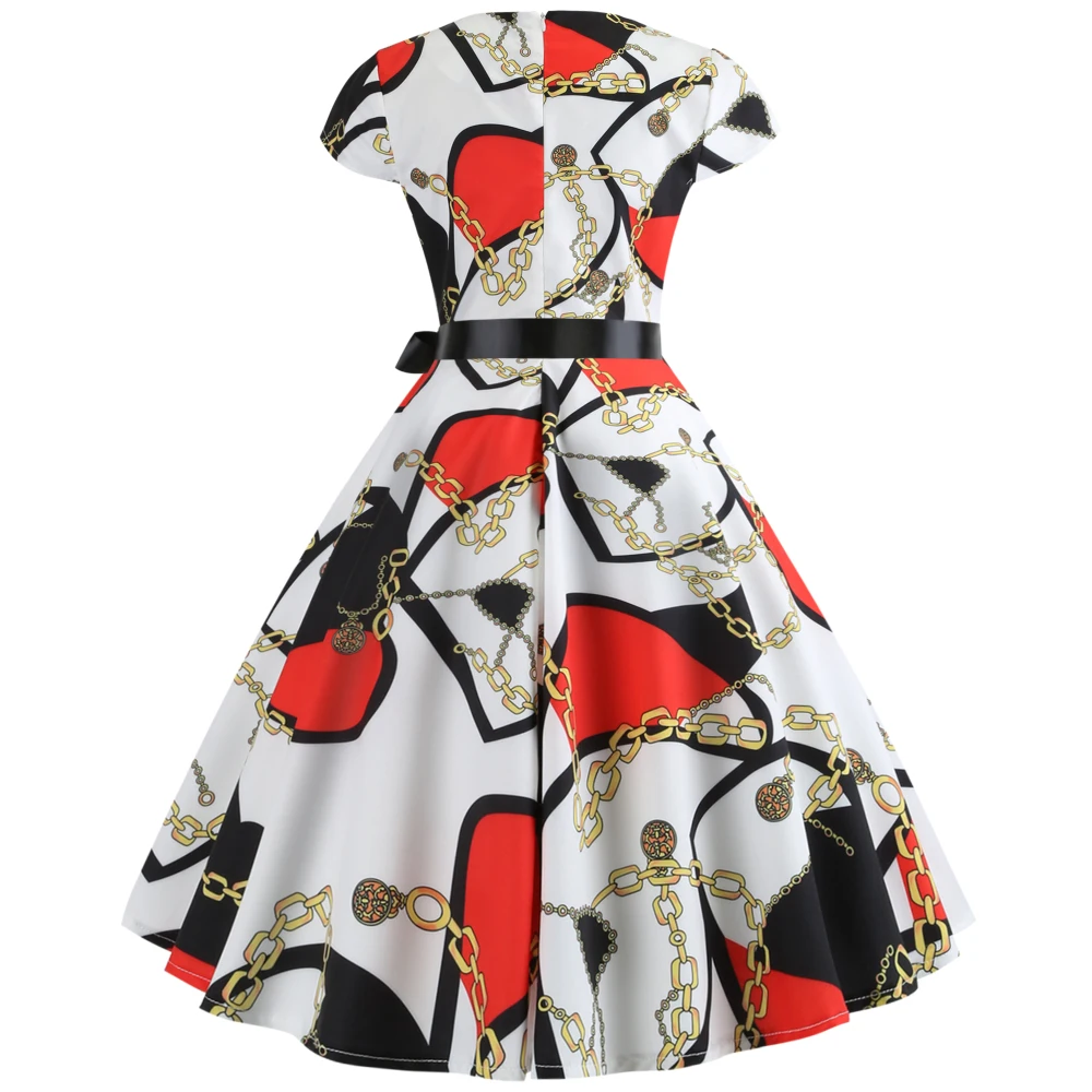 Retro Colorful Abstract Print Women Vintage Dress High Waist Belts 60s Rockabilly Party Vestidos de Festa Sundress | Женская одежда