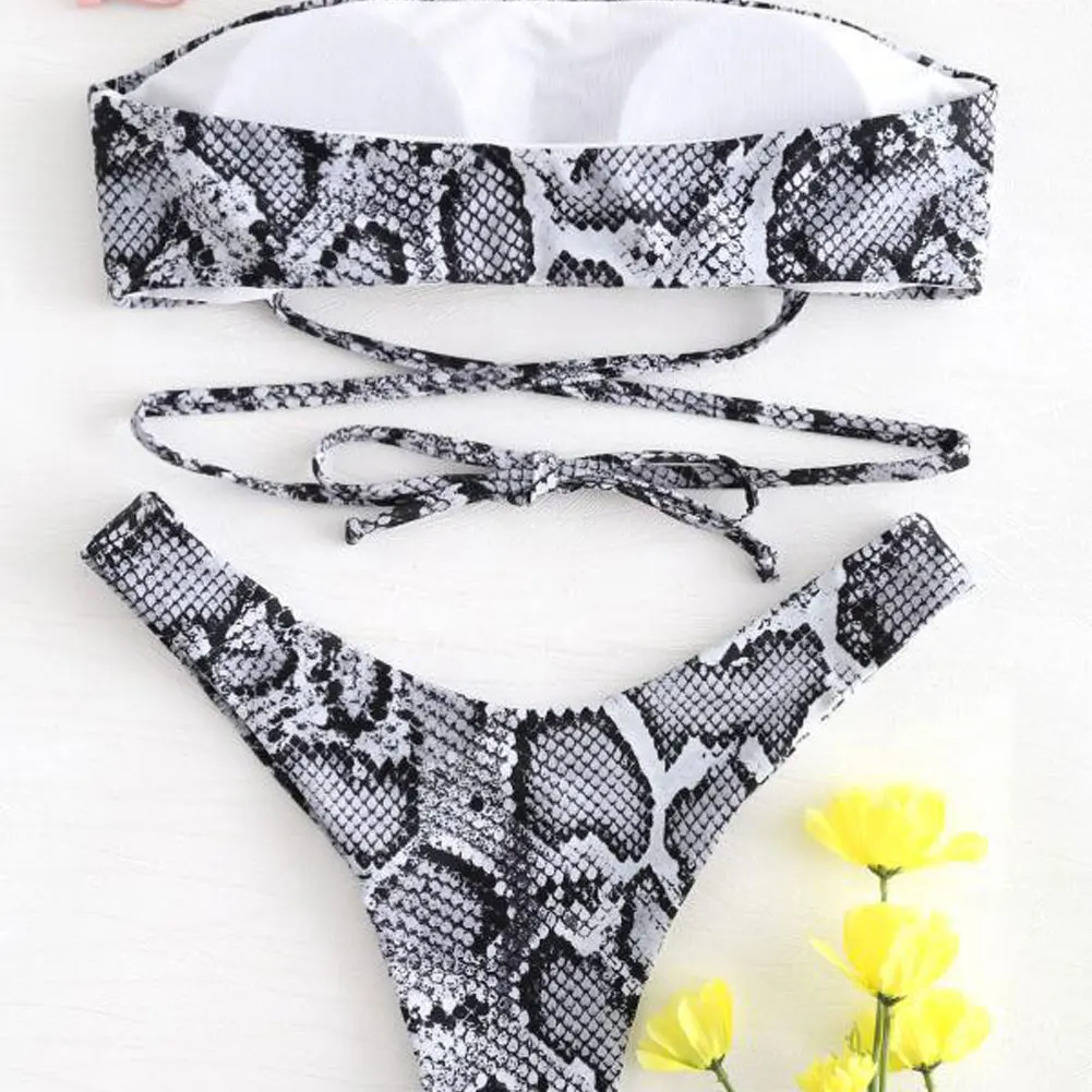 Women Sexy Swimwear Snake skin Printed Bandeau Bikini Set Push-Up Padded Swimwears Bandage Swimsuit Beachwear | Спорт и развлечения