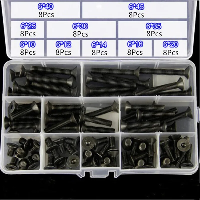 Suleve M6CH1 80pcs M6 Carbon Steel Screw Hex Socket Flat Head 10.9 Grade 10-45mm Bolt Assortment Hardware Fasteners
Suleve M6CH1 80pcs M6 Carbon Steel Screw Hex Socket Flat Head 10.9 Grade 10-45mm Bolt Assortment Hardware Fasteners
