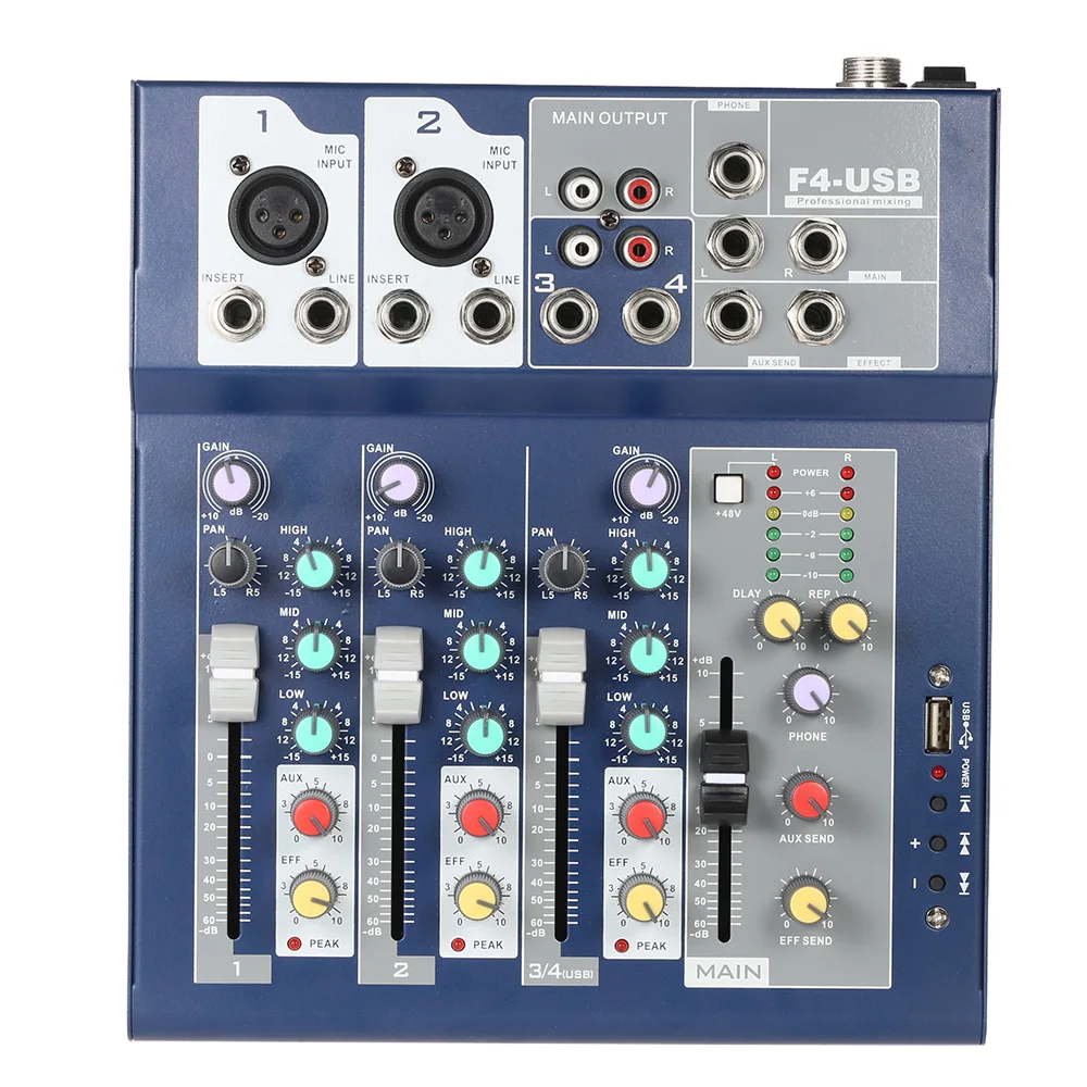 Professional Sound Mixer 4 Channel Mixing Console 3-Band EQ USB Function 48V Phantom with Bulit-in Effect Processor Mic Input
Professional Sound Mixer 4 Channel Mixing Console 3-Band EQ USB Function 48V Phantom with Bulit-in Effect Processor Mic Input