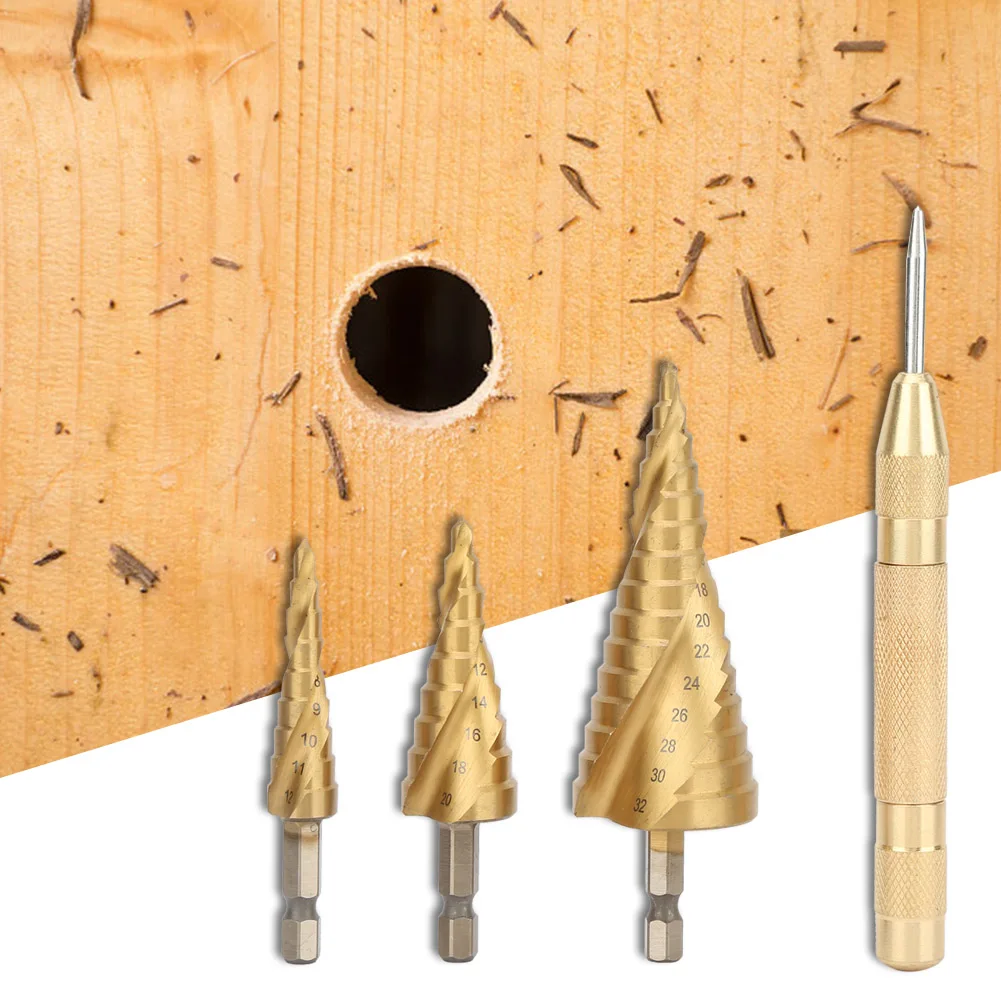 4pcs HSS Hex Handle Spiral Step Set Center Coated Step Power Tools Metal High Speed Steel Wood Hole Cutter Step Cone Drill Bit
4pcs HSS Hex Handle Spiral Step Set Center Coated Step Power Tools Metal High Speed Steel Wood Hole Cutter Step Cone Drill Bit