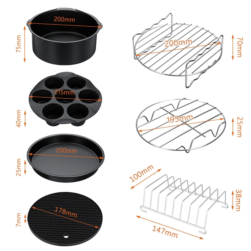 8Pcs 8 Inch Air Fryer Frying Cage Dish Baking Pan Rack Pizza Tray Pot Accessories Fit For 5.2~5.8Qt |