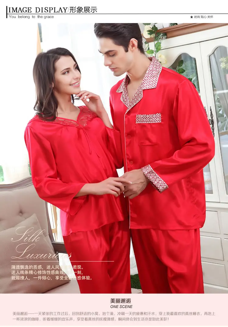 Couples Silk Wedding Sleepwear Men's Nightgown Silkly Satin Mens Pajamas Classic Long Sleeved Homewear 2pcs D-2162 | Мужская одежда