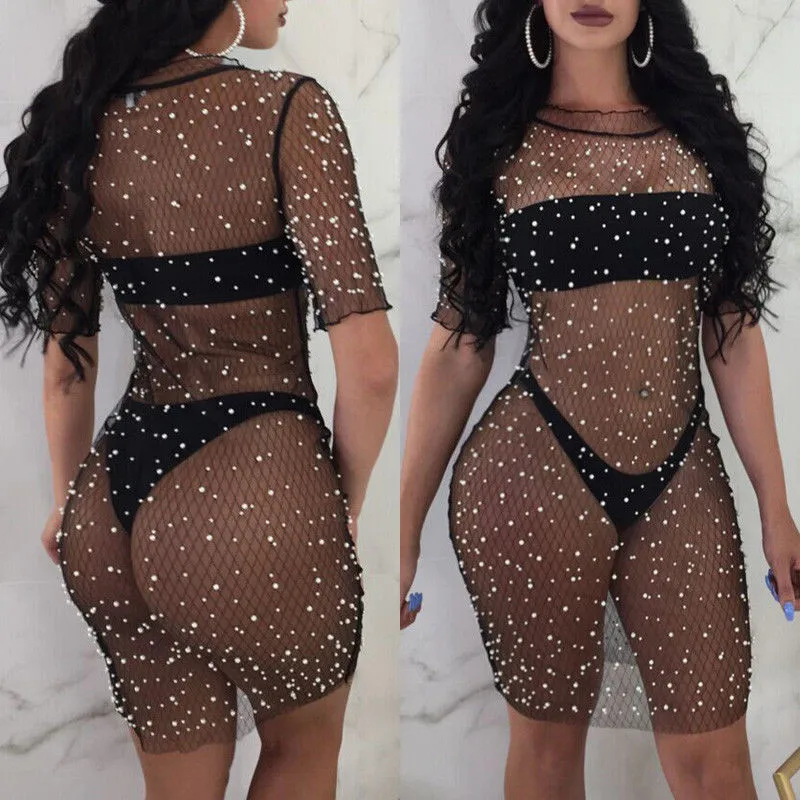 Womens Summer Lace Fishnet Bikini Cover Up Swimwear Bathing Suit Beach Dress Sequins Cover-Ups
Womens Summer Lace Fishnet Bikini Cover Up Swimwear Bathing Suit Beach Dress Sequins Cover-Ups