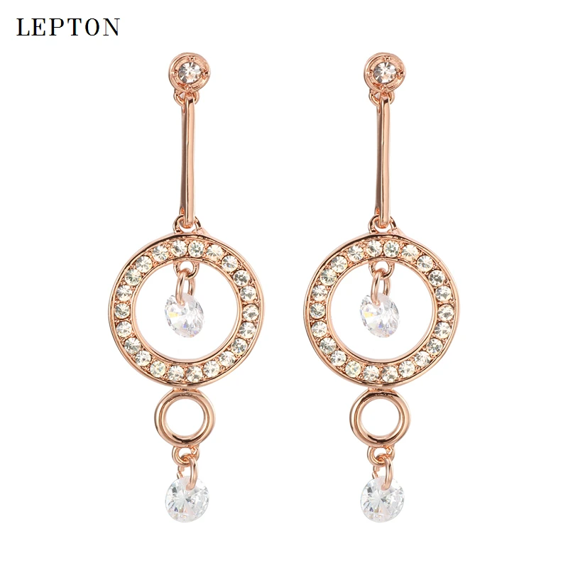 

Lepton Austrian Crystal Rhinestone Dangle Drop Earrings for Women Rose Gold Color High quality Cubic Zirconia Bridal Jewelry