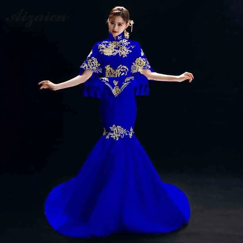 Королевский синий вышивка Чонсам с драконами современный хост Qi Pao для женщин в