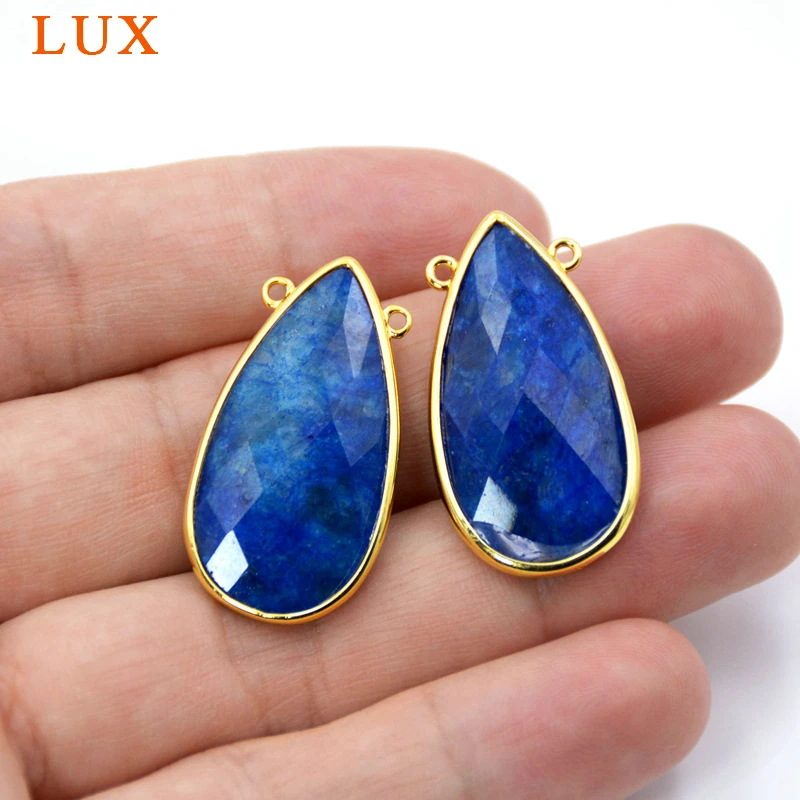 

Natural lapis lazuli Pendant Teardrop connector 30x15mm handmade gold bezel Gem stone Charm blue stone jewelry