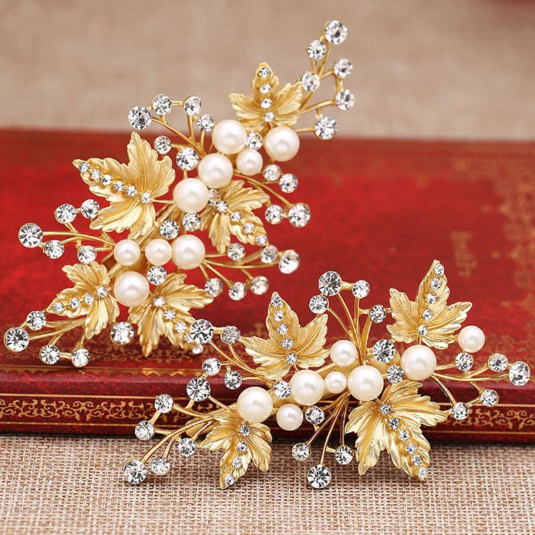 Заколка для волос с жемчугом и золотыми листьями 1 пара|jewelry punk|jewelry testerheaddress pics |