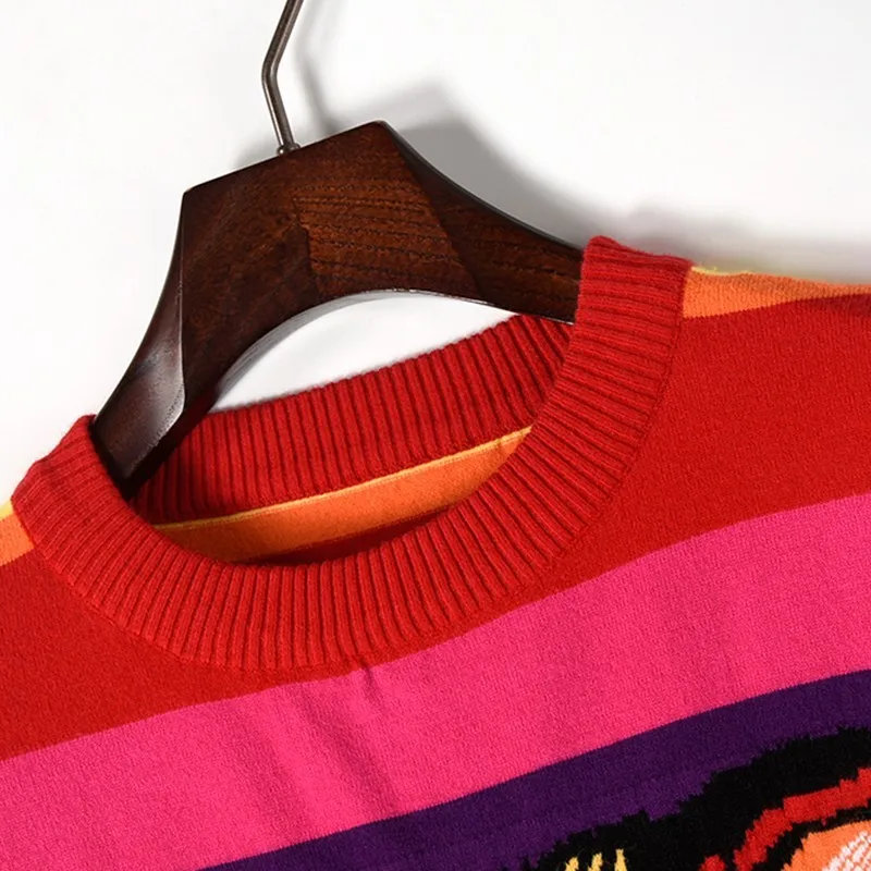 Autumn new color strip knit fringed tiger head shawl round neck sweater cloak women's | Женская одежда