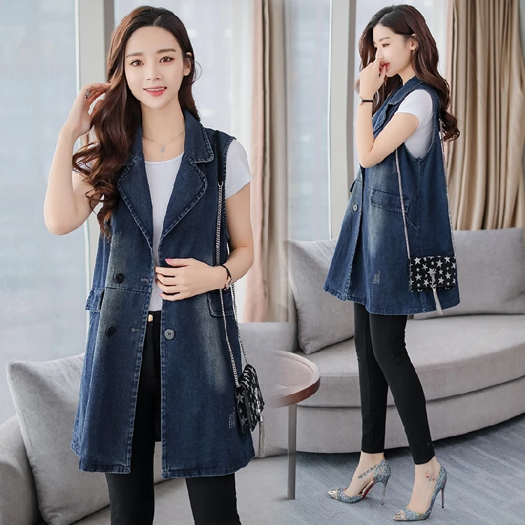 Spring New Fashion Women Denim Jeans Blue Long Jacket Coat Vests Femme Loose Plus Size Sleeveless Outwear Tops | Женская одежда