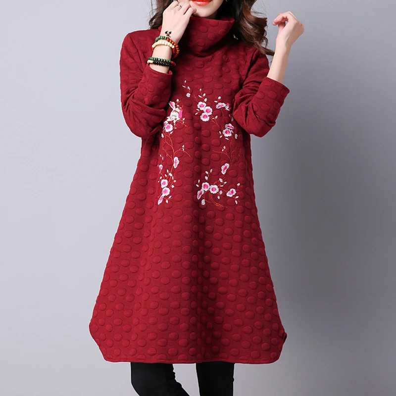 Women's Embroidery High Neck Dress Ladies Winter Warm Floral Casual Party Dress