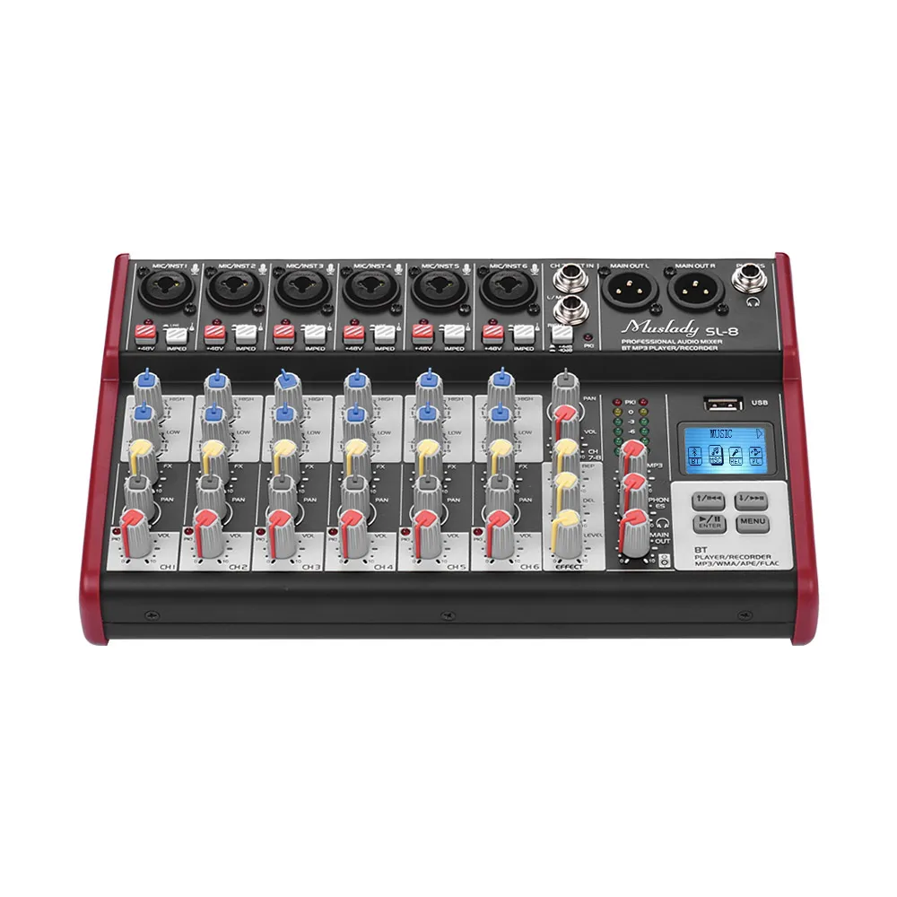 Muslady SL-8 Портативный 8-канальный смешивания консольный микшер 2-полосным эквалайзером встроенный 48В Мощность поддерживает подключения BT USB MP3...
Muslady SL-8 Портативный 8-канальный смешивания консольный микшер 2-полосным эквалайзером встроенный 48В Мощность поддерживает подключения BT USB MP3...