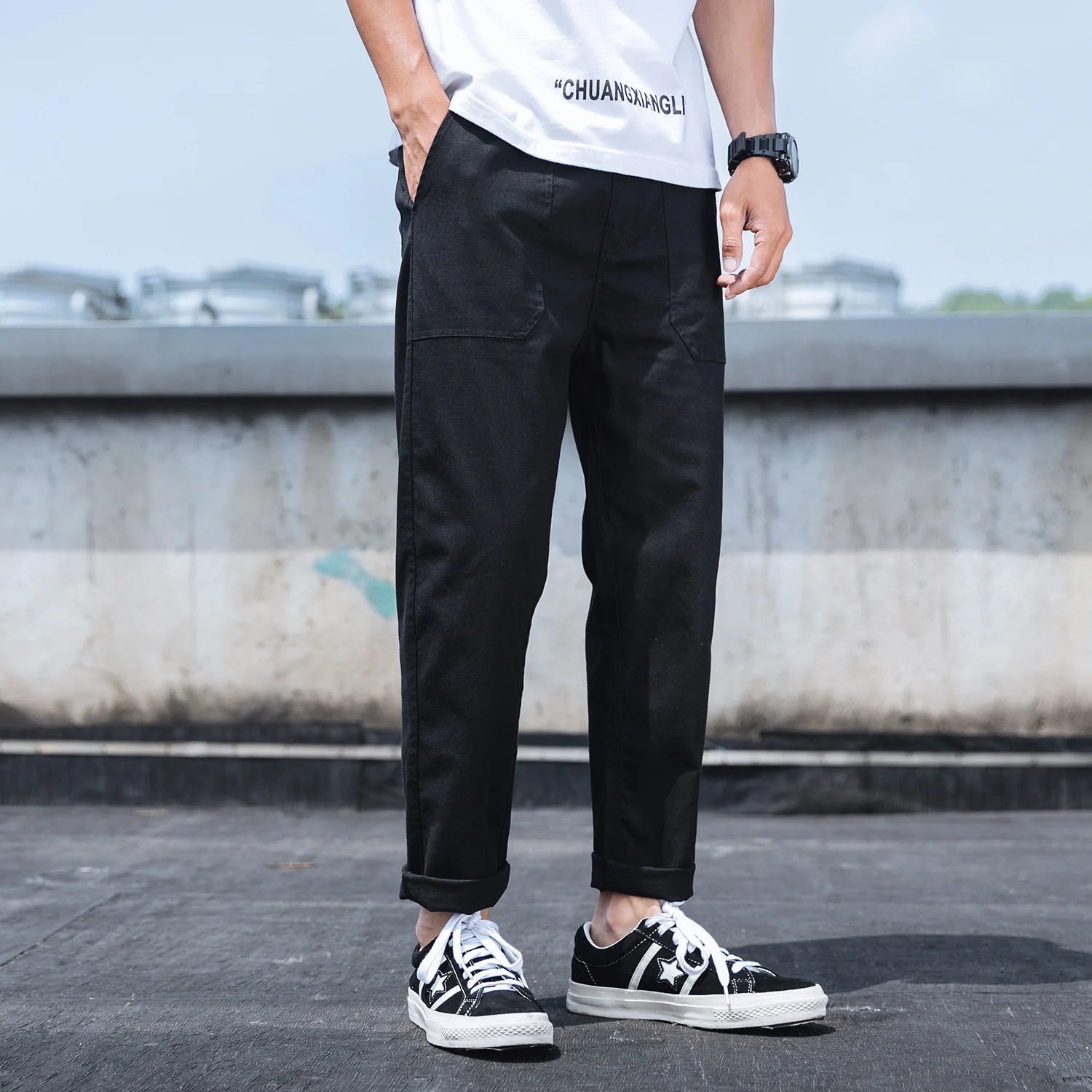 2019 Summer Men's Fashion Trend Haren Pants Youth Cotton Casual Wash Bound Feet Khaki/grey/black Trousers M-5XL | Мужская одежда