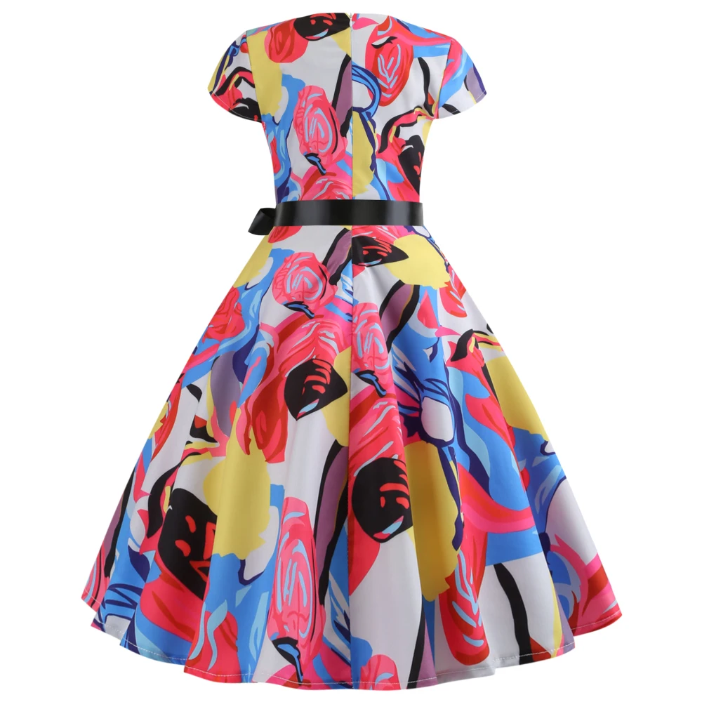 Retro Colorful Abstract Print Women Vintage Dress High Waist Belts 60s Rockabilly Party Vestidos de Festa Sundress | Женская одежда