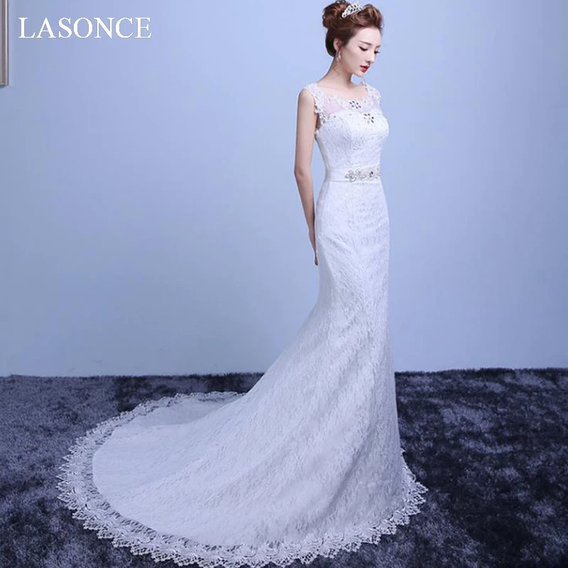 LASONCE Illusion O Neck Crystal Sash Mermaid Wedding Dresses Lace Appliques Sweep Train Backless Bridal Gowns
LASONCE Illusion O Neck Crystal Sash Mermaid Wedding Dresses Lace Appliques Sweep Train Backless Bridal Gowns