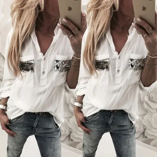 

Women Lady Long Sleeve Shirt Ladies Paillette Blouse Summer Fashion Loose Casual Tops Pure White