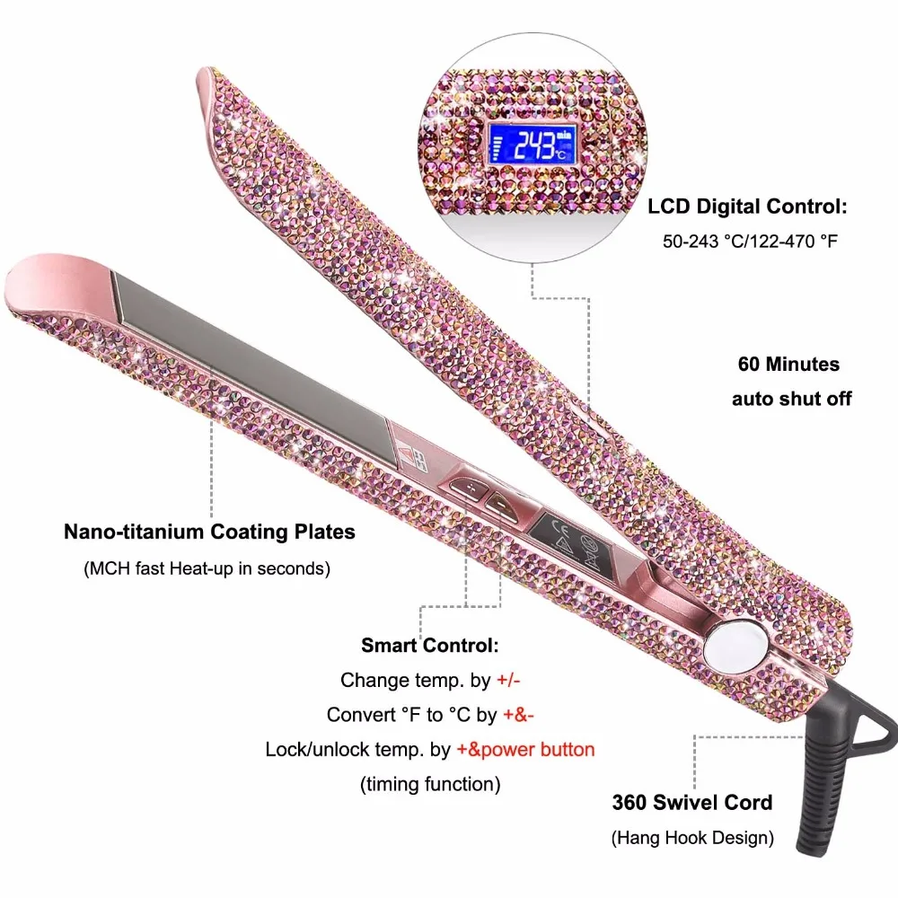 Rose Gold Hand Made Sparkling Crystal Diamond Rhinestone Lcd Digital Display Flat Iron Gems Titanium Hair Straightener | Красота и