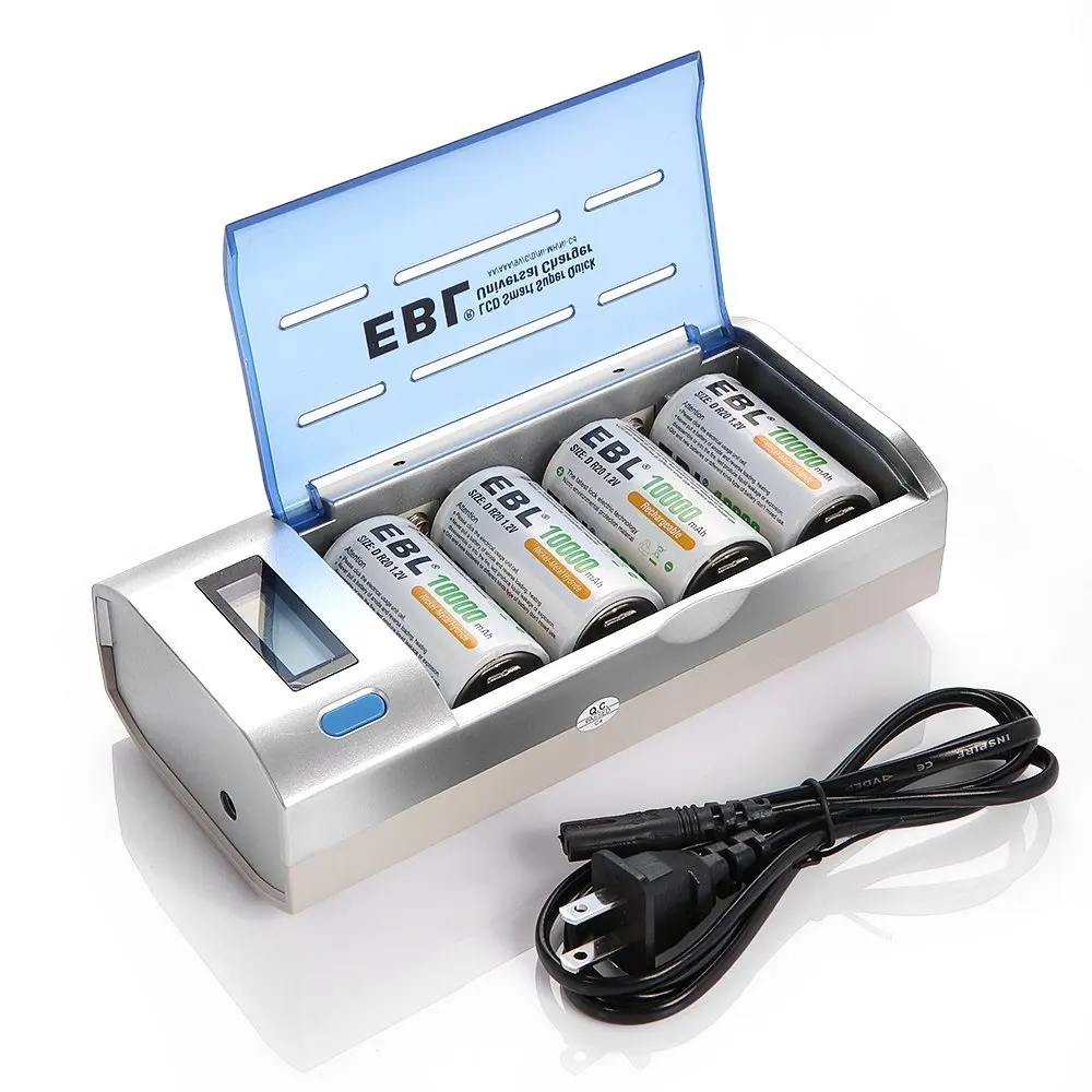 Аккумуляторные батареи EBL D Cells 10000 мАч (4 отсчета) с зарядным устройством C 9V AA