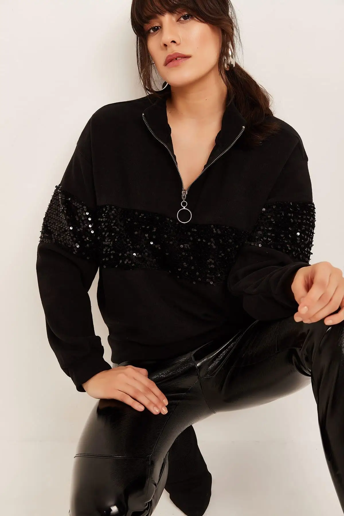Ola женская черная молния блестки Sequins Selanik Толстовка ola K11557|Женские толстовки и