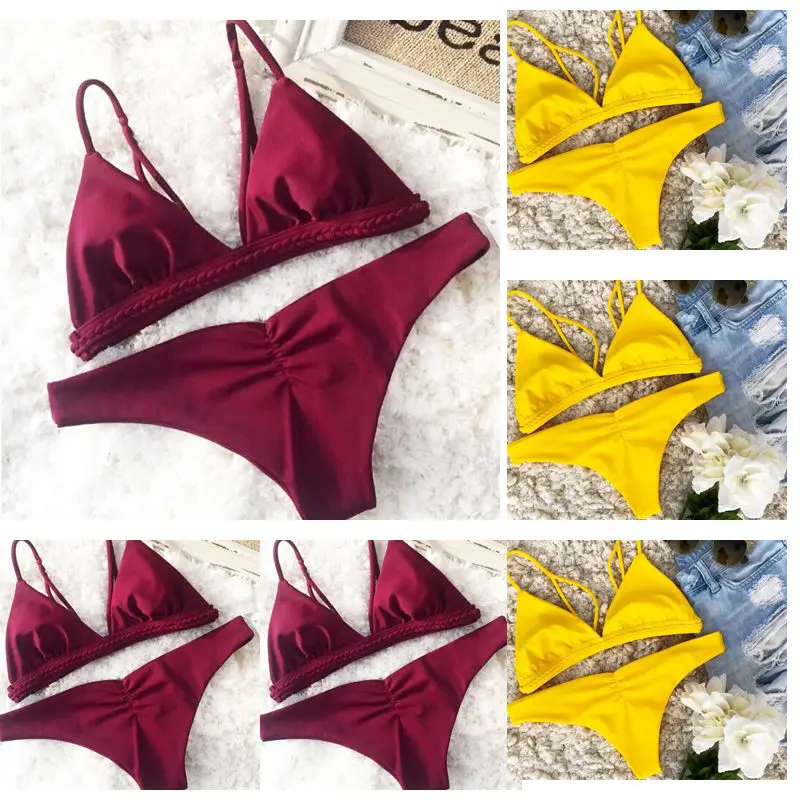 2018 New Sexy Women Solid Bikini Set Bandage Push Up Padded Swimwear Summer Swimsuit Bathing Beachwear Wine Red Yellow | Спорт и